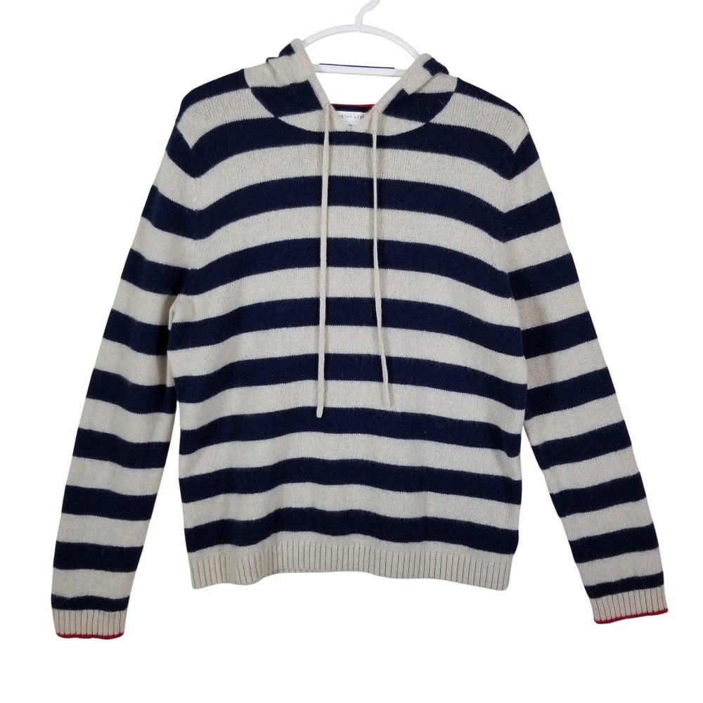 Tabitha Webb Womens Lambswool Blend Striped‎ Hoodie Sweater Navy Cream Large
